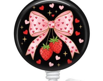 Coquette Bow and Strawberries Badge Reel/Badge Holder/ID Holder/Badge Reel/Nurse Badge/Retractable Badge/Badge Reel Topper/Interchangeable