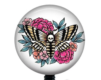 Skull Moth Floral Badge Reel/Badge Reel/Nurse Badge/Badge Holder/ID Holder/Nurse Gift/Name Badge/Retractable Badge/Death head moth