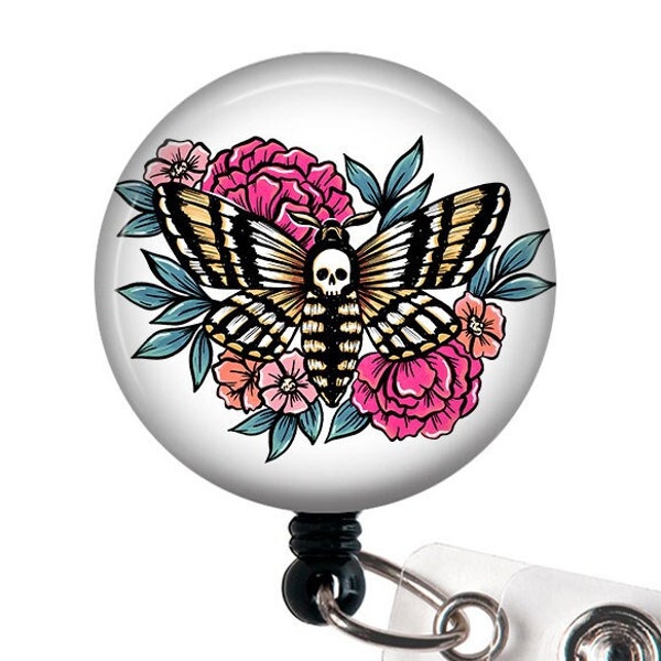 Skull Moth Floral Badge Reel/Badge Reel/Nurse Badge/Badge Holder/ID Holder/Nurse Gift/Name Badge/Retractable Badge/Death head moth