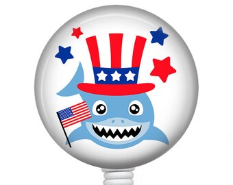 Patriotic Shark Badge Reel/4th of July Badge Reel/Badge Holder/ID Holder/Nurse Badge/Nurse Gift/Retractable Badge/Baby Shark Badge/Funny