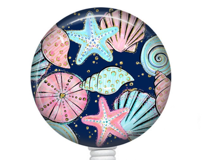 Featured listing image: Starfish and Shells Badge Reel/Retractable Badge Reel/Nurse Badge Reel/Badge Holder/ID Holder/Badge Reel/Nurse Gift/Summer badge/Sea Life