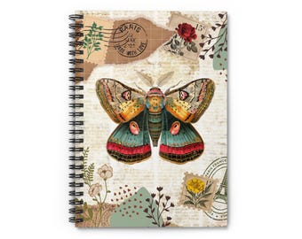 Vintage Themed Moth and Botanical Spiral Notebook/Lined Notebook/Journal/Paris/Gift for Her