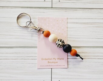 Beaded Keychain/Purse Charm/Key Fob/Gift for her/Teacher gift/Keychain for Women/Lobster clasp keychain/Leopard Print/Halloween/Fall color