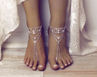 Zainab Barefoot Sandals Bridal Foot Jewelry Rhinestone Anklet Beach Wedding Sandals Silver Ankle Bracelet Boho Sandals Bridal Shoes Silver