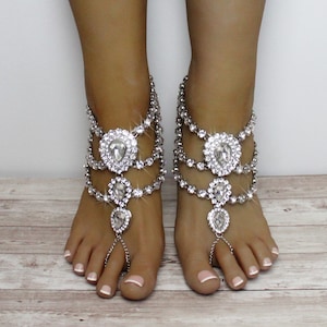 Barfuß Sandalen für Braut Strand Hochzeit Sandalen Silber Fußschmuck Silber Fußkettchen Bodenlose Sandalen Barfuß Braut Strass Fußkettchen Aloha