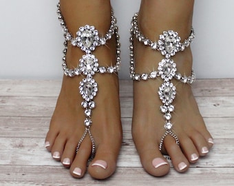 Luna Barefoot Sandals Silver Anklet Rhinestone Sandals Foot Jewelry For Bride Beach Wedding Sandals Wedding Jewelry for Bride boho sandals