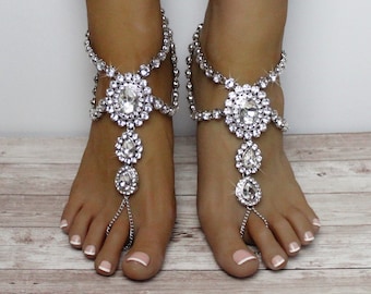 Sandalias nupciales descalzas plata Pie Joyería Playa Sandalias de boda Destino Zapatos de boda Pedrería Tobillera Boho Novia Joyería katy diseño