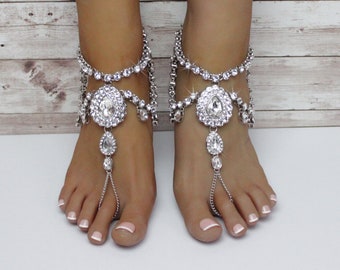 Aida Barefoot Sandals Anklet for Beach Wedding Boho Anklet Silver Sandals Destination Wedding Shoes Beach Sandals Ankle Bracelet in Silver