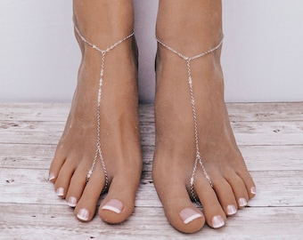 Minimalista Sandalias descalzos de plata Descalzos Playa Sandalias de boda Minimalista Tobillos Joyería Damas de honor Regalo Tanga Descalzo Plata Zapatos descalzos