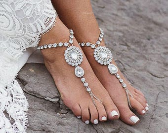 Zelda Silver Barefoot Sandals Rhinestone Shoes Beach Wedding Sandals Destination Wedding Shoes Silver Anklet Foot Jewelry for the Bride