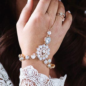 Sonia Gold Hand Chain Bridal Hand Jewelry Gold Hand Bracelet Boho Slave Bracelet Bohemian Ring Bracelet Rhinestone Bracelet Gold Jewelry