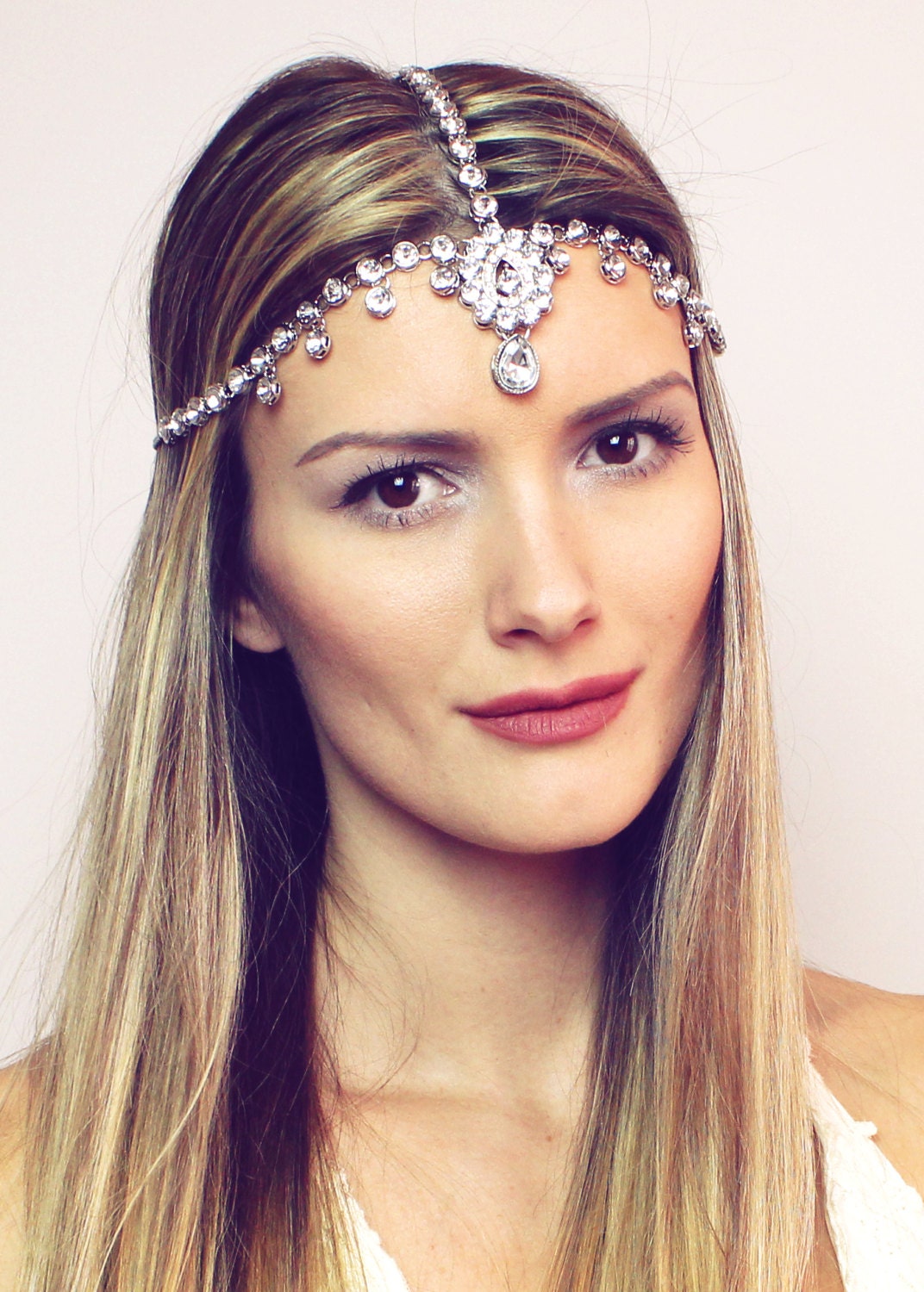 STONEFANS Boho Strass Kopfkette - Silberner Haarschmuck Mit Kristallen Für Hochzeit & Party