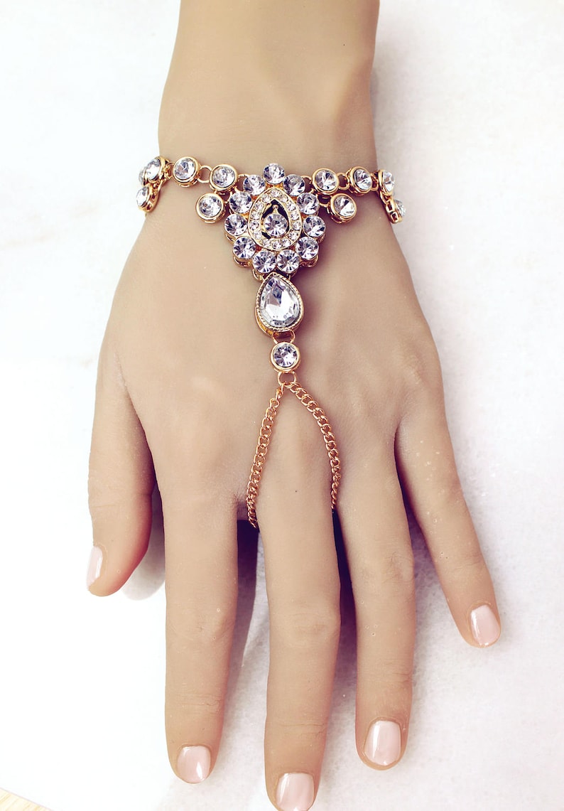 Sonia Gold Hand Chain Bridal Hand Jewelry Gold Hand Bracelet Boho Slave Bracelet Bohemian Ring Bracelet Rhinestone Bracelet Gold Jewelry image 8