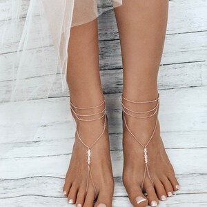 rose gold barefoot sandals Rose Gold Anklet Foot Jewelry for Wedding Beach Bride Rose Gold Anklet Bottomless Sandals Foot Thong Bride Nora image 6