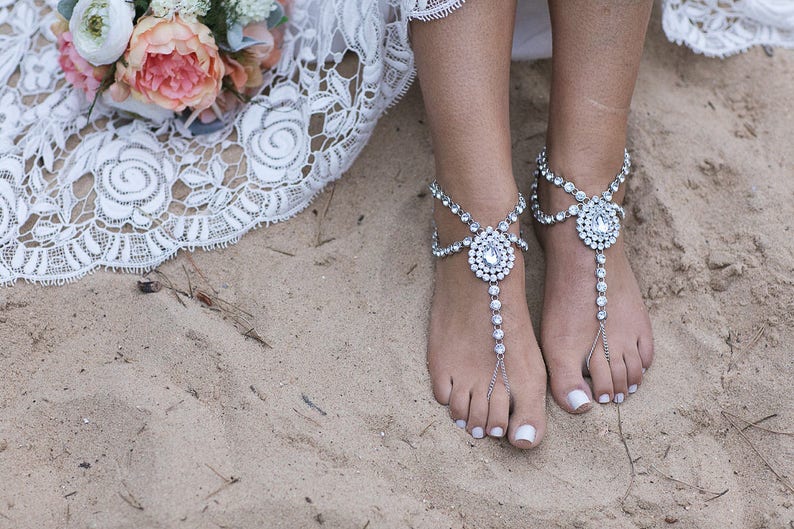 Silver Barefoot Sandals Beach Wedding Anklet Foot Jewelry For Etsy