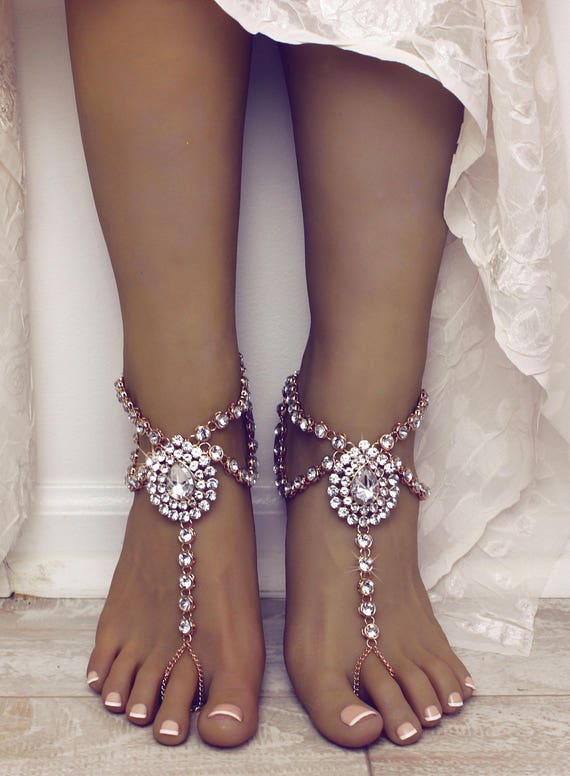 Serena Gold Barefoot Sandals Rhinestone Anklet Beach Wedding | Etsy