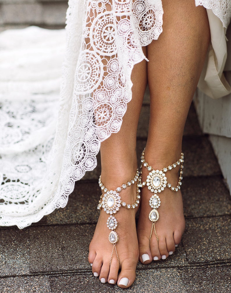 Katy Barefoot Sandals Gold Foot Jewelry Beach Wedding Sandals Destination Wedding Shoes Rhinestone Anklet Boho Bride Jewelry Barefoot Sandle