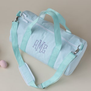 Monogrammed Seersucker Duffle Bag | Personalized Kids Duffel Barrel Bag | Ballet Bag, Camping, Overnight Trips, Sleepovers, Birthday