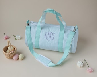 Monogrammed Duffle Bag | Personalized Seersucker Kids Barrel Bag | Great for Sleepovers, Camping, Ballet Bags, Weekend Duffel
