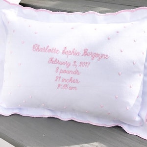 Monogram Birth Announcement Baby Pillow | Personalized Swiss Dot Nursery Pillow | Beautiful Classic Embroidered Custom Keepsake