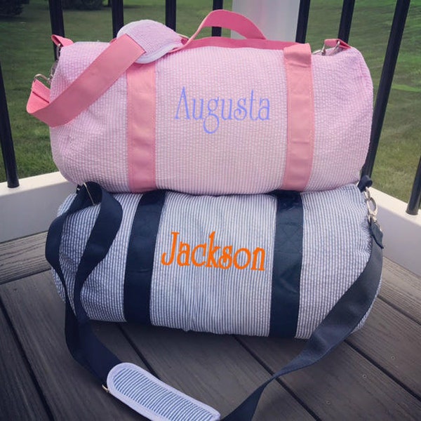 Seersucker Duffle Bag | Monogrammed Seersucker Kids Barrel Bag | Great for Sleepovers, Camping, Ballet Bags, Travel Duffels