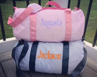 Seersucker Duffle Bag | Monogrammed Seersucker Kids Barrel Bag | Great for Sleepovers, Camping, Ballet Bags, Travel Duffels