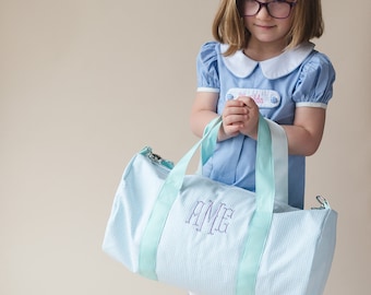 Monogrammed Seersucker Duffle Bag | Personalized Kids Duffel Barrel Bag | Ballet Bag, Camping, Overnight Trips, Sleepovers, Birthday