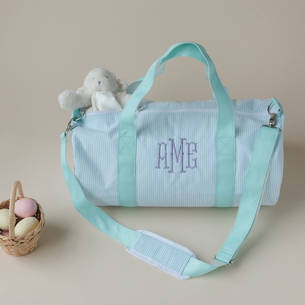 Monogrammed Duffle Bag | Personalized Seersucker Kids Barrel Bag | Great for Sleepovers, Camping, Ballet Bags, Weekend Duffel