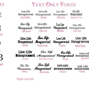 May include: A chart with three columns showing different font styles for initials, text, and Greek letters. The chart is labeled "Initials Only Fonts", "Text Only Fonts", and "Greek Fonts".