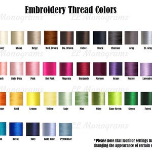 May include: A chart of embroidery thread colors with names for each color. The colors are arranged in rows and columns. The colors include white, ivory, khaki, beige, medium brown, dark brown, coffee, black, charcoal, gray, light gray, silver, coral, peach, baby pink, pink, hot pink, magenta, burgundy, maroon, grape, purple, lavender, red, orange, tangerine, gold, lemon, yellow, sage, mint, olive, lime green, green, forest, aqua, teal, cyan, royal, navy, baby blue, and periwinkle.