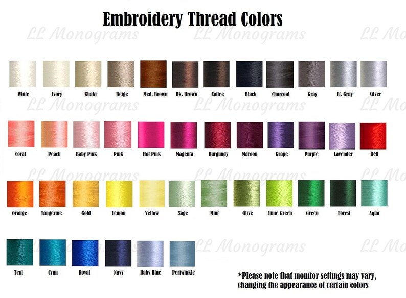 May include: A chart of embroidery thread colors with names for each color. The colors are arranged in rows and columns. The colors include white, ivory, khaki, beige, medium brown, dark brown, coffee, black, charcoal, gray, light gray, silver, coral, peach, baby pink, pink, hot pink, magenta, burgundy, maroon, grape, purple, lavender, red, orange, tangerine, gold, lemon, yellow, sage, mint, olive, lime green, green, forest, aqua, teal, cyan, royal, navy, baby blue, and periwinkle.