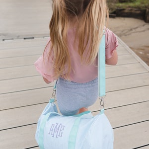 Monogrammed Seersucker Duffle Bag Personalized Kids Duffel Barrel Bag Ballet Bag, Camping, Overnight Trips, Sleepovers, Birthday image 2