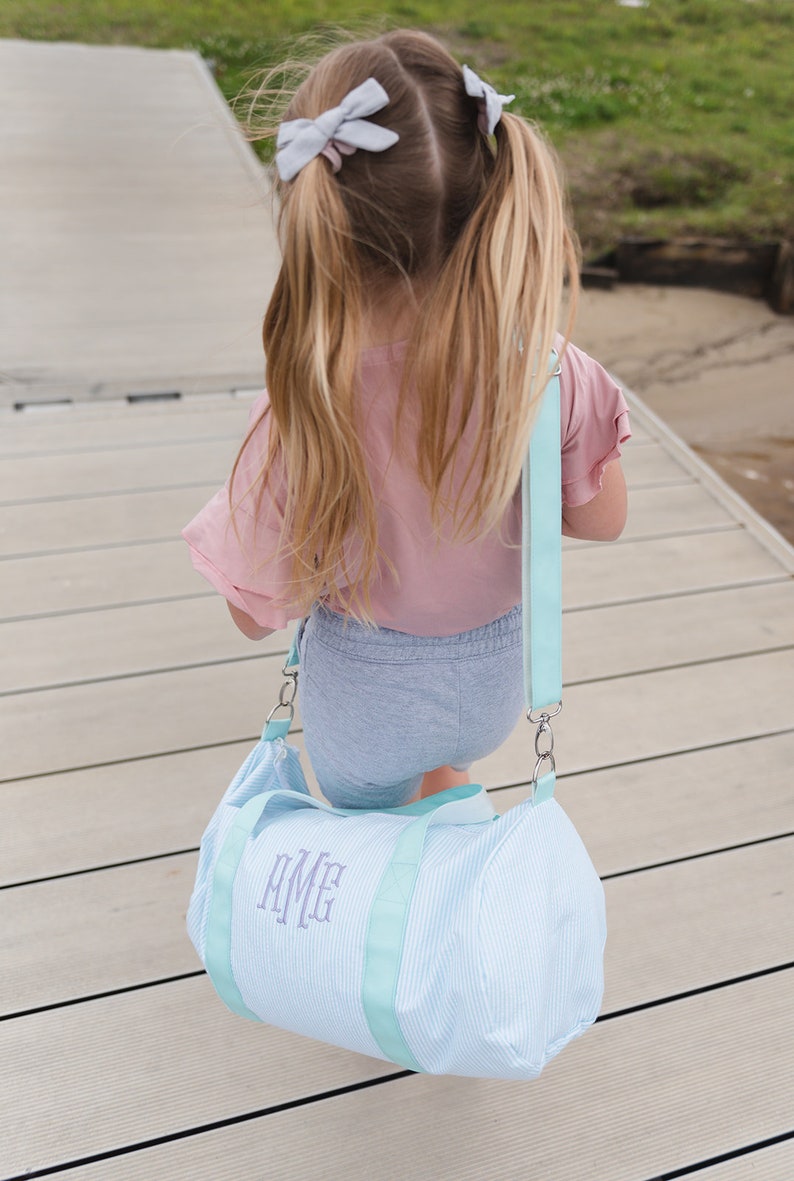 Monogrammed Seersucker Duffle Bag Personalized Kids Duffel Barrel Bag Ballet Bag, Camping, Overnight Trips, Sleepovers, Birthday image 2