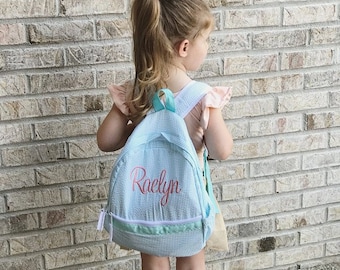 Monogrammed Seersucker Backpack | Preppy Personalized Toddler Preschool Book Bag | Great for Preschool, Daycare, and More!