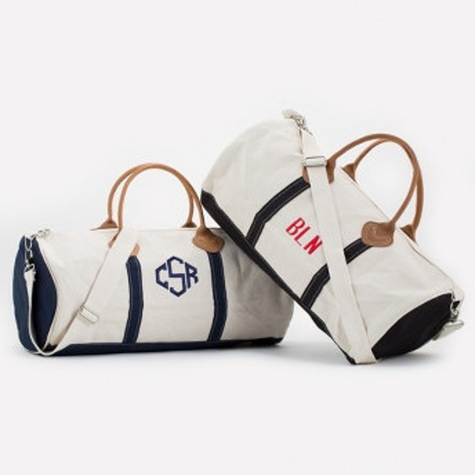 Monogrammed Round Duffle Bag Personalized Canvas and Leather Etsy