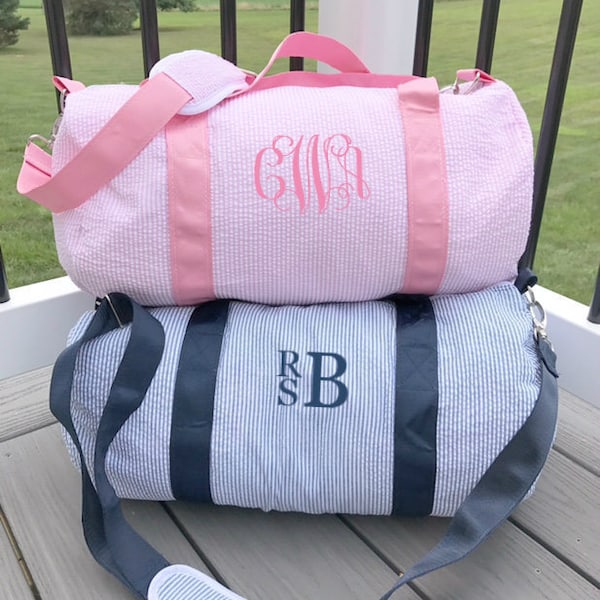 Monogrammed Duffle Bag | Personalized Seersucker Kids Barrel Bag | Preppy Children's Travel Bag | Ballet--Sports--Sleepovers--Daycare