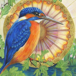 Kingfisher Japanese style print decorative wall art from an original acrylic painting. Kingfisher in a stylised setting image 3