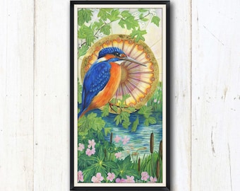 Kingfisher Japanese style print decorative wall art  from an original acrylic painting. Kingfisher in a stylised setting