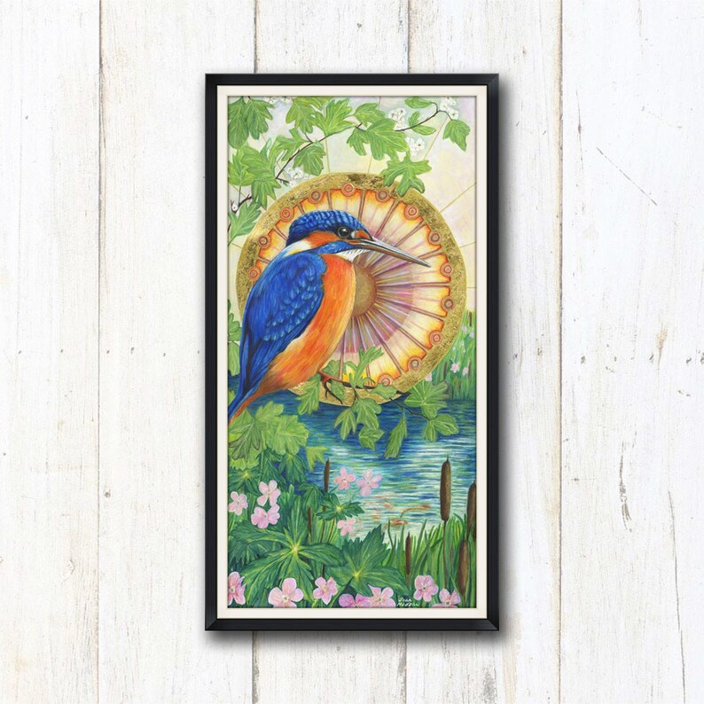 Kingfisher Japanese style print decorative wall art from an original acrylic painting. Kingfisher in a stylised setting image 1