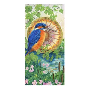 Kingfisher Japanese style print decorative wall art from an original acrylic painting. Kingfisher in a stylised setting image 2