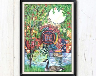 Moonlit Canada Geese Mandala. Sumptuous and vivid colours. Mount, frame and hang.