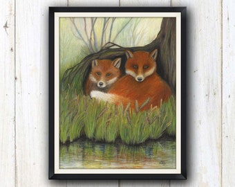 Foxes animal art print/ Spiritual animal print/ Nursery art