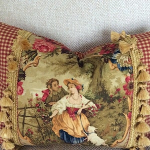 LAST One Richloom Fragonard Pillow Cameo French Country Toile Gold Red Colorful Check