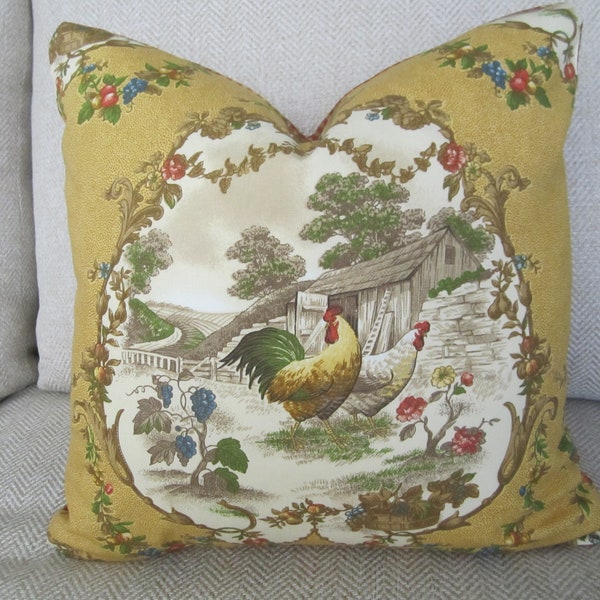 LAST Pierre Deux Plaid Pillow Kaufmann Curry Yellow Gold Rooster Colorful French Country Toile Hen Chicken