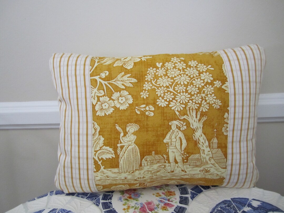 Handmade French Country Toile Pillow – Red/Gold Rooster – 16"x12" Cotton Down Fill