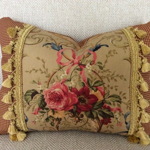 Gold Fragonard Pink Bow Pillow French Country Toile Floral Red & Ivory Check Fabric