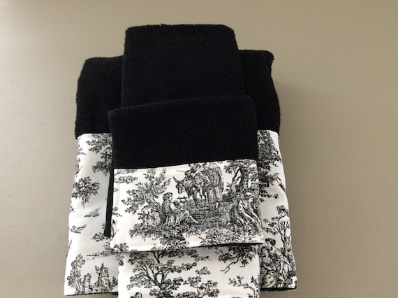 3 Piece Towel Set Black white Country Life Toile French Guest Bathroom Towel Set Decorative Etsy Canada