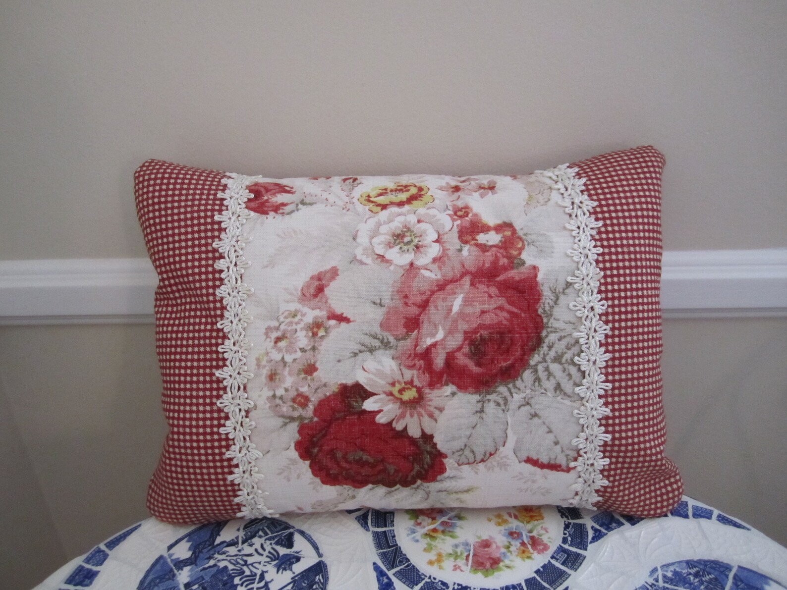 Waverly Accent Pillow Red & Ivory Norfolk Rose French Etsy