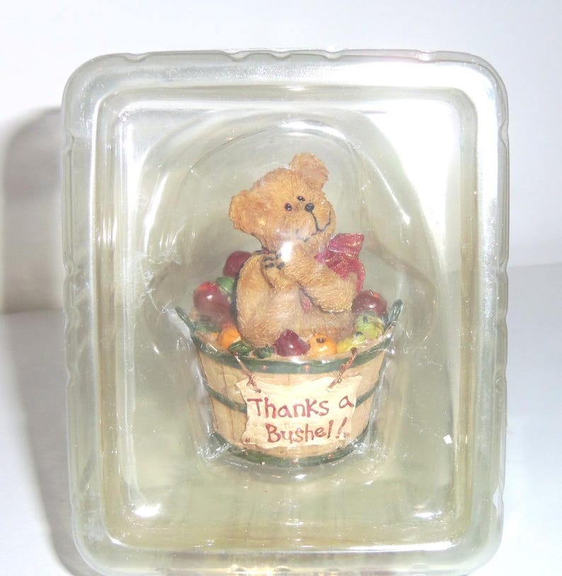 Op de afbeelding: Een bruin teddybeerbeeldje met een rode strik, in een houten mand gevuld met rode appels en ander fruit. De mand heeft de tekst "Thanks a Bushel!!" op de voorkant. Het beeldje zit in een doorzichtige plastic container.