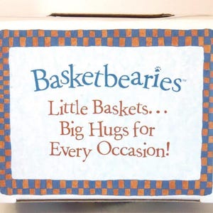 May include: A white box with the words "Basketbearies" in blue script. Below, the text reads "Little Baskets... Big Hugs for Every Occasion!" The text is framed by a blue and orange checkered border.